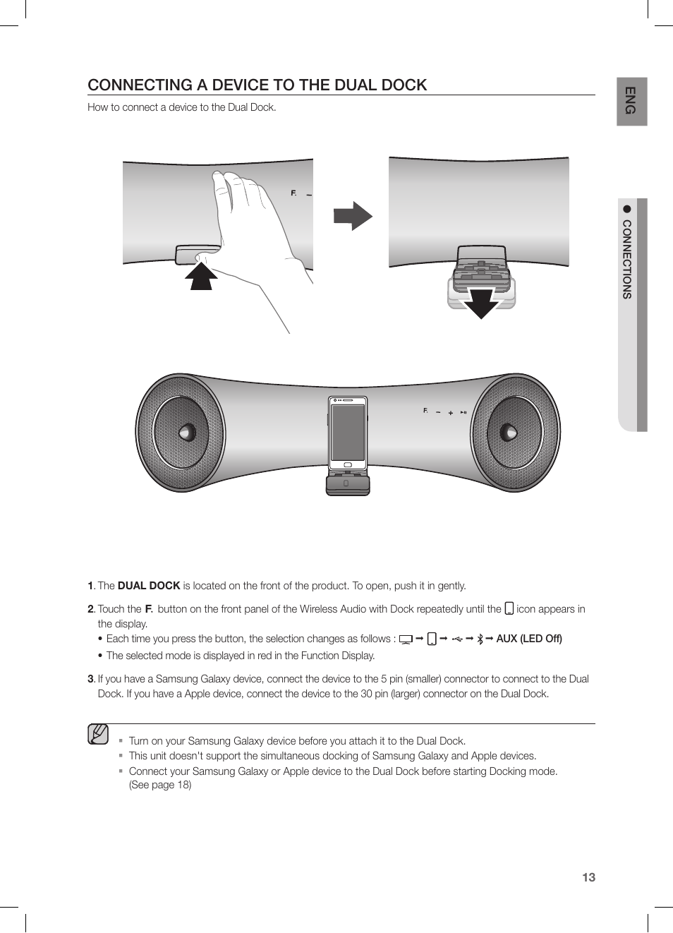 Connecting a device to the dual dock | Samsung DA-E651-ZA User Manual | Page 13 / 29