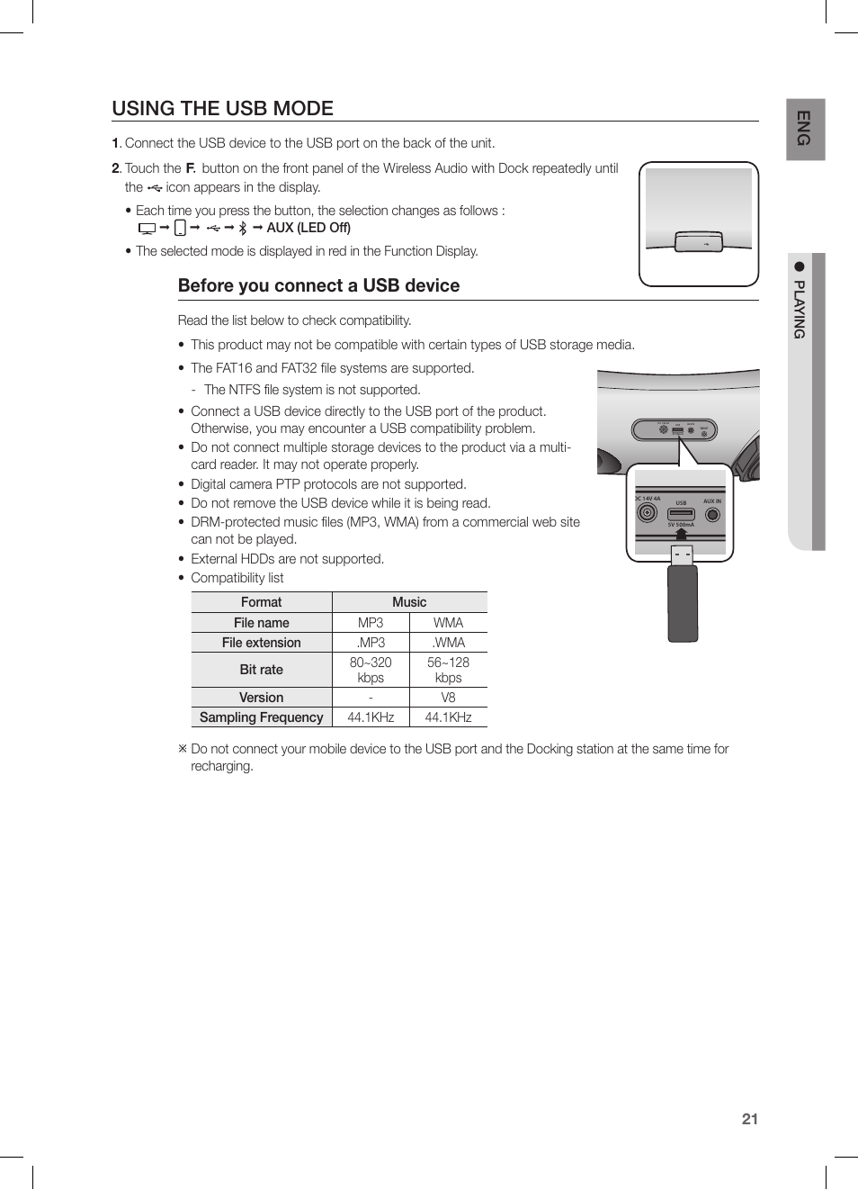 Using the usb mode, Before you connect a usb device, En g | Samsung DA-E651-ZA User Manual | Page 21 / 29