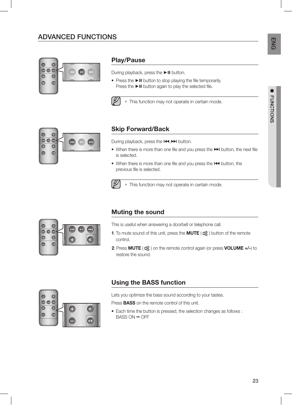 Advanced functions, Play/pause, Skip forward/back | Muting the sound, Using the bass function, En g, F u nctions, This function may not operate in certain mode | Samsung DA-E651-ZA User Manual | Page 23 / 29