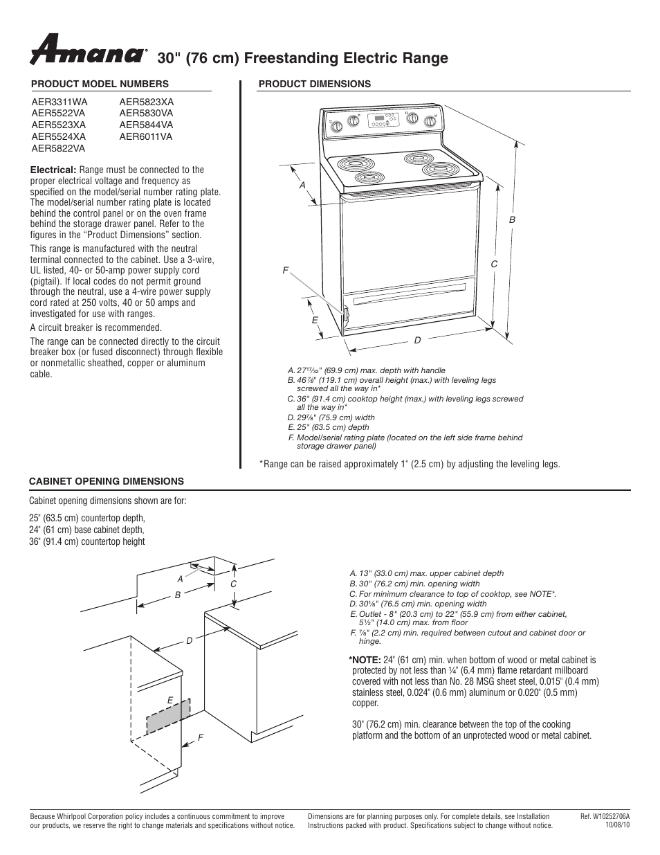 Amana AER5823XA User Manual | 1 page