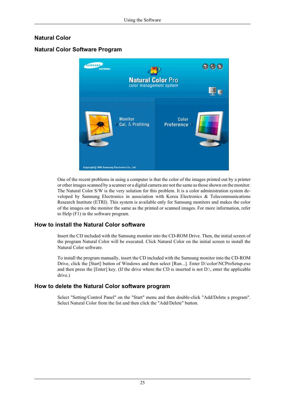 Natural color, Natural color software program, How to install the natural color software | How to delete the natural color software program | Samsung LS24CMKKFV-ZA User Manual | Page 26 / 60