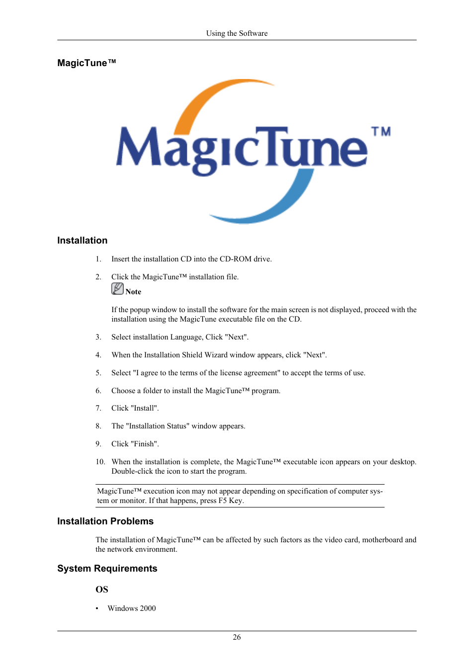 Magictune, Installation, Installation problems | System requirements | Samsung LS24CMKKFV-ZA User Manual | Page 27 / 60