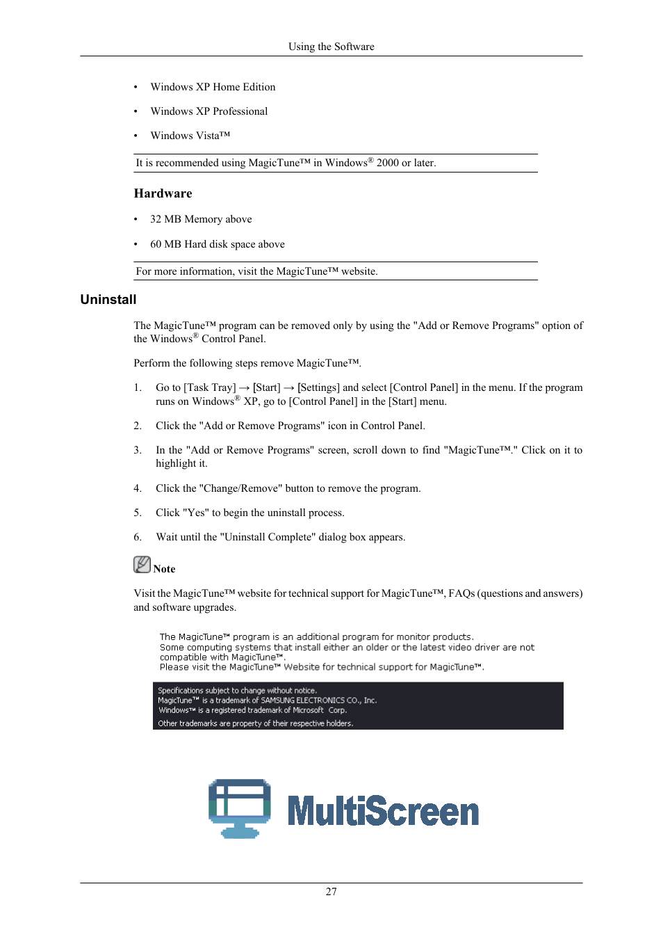 Uninstall, Multiscreen | Samsung LS24CMKKFV-ZA User Manual | Page 28 / 60