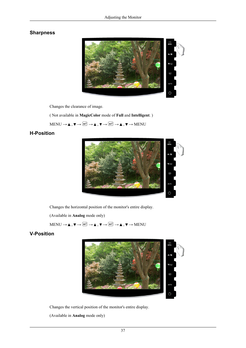 Sharpness, H-position, V-position | Samsung LS24CMKKFV-ZA User Manual | Page 38 / 60