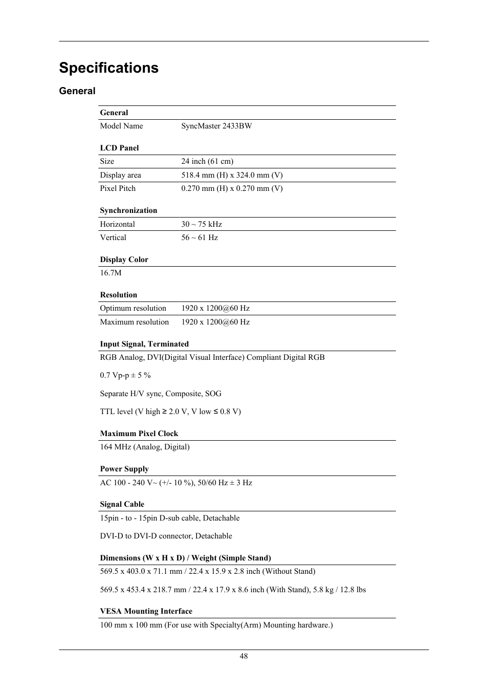 Specifications, General | Samsung LS24CMKKFV-ZA User Manual | Page 49 / 60