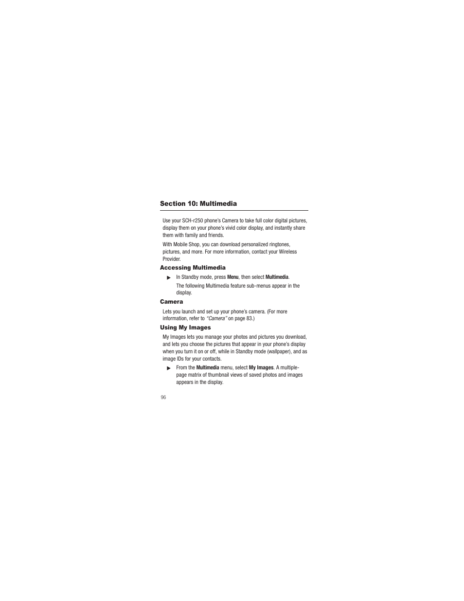 Section 10: multimedia, Accessing multimedia, Camera | Using my images, Accessing multimedia camera using my images | Samsung SCH-R250ZRAMTR User Manual | Page 100 / 201