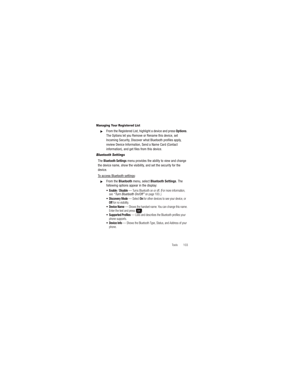 Managing your registered list, Bluetooth settings | Samsung SCH-R250ZRAMTR User Manual | Page 107 / 201