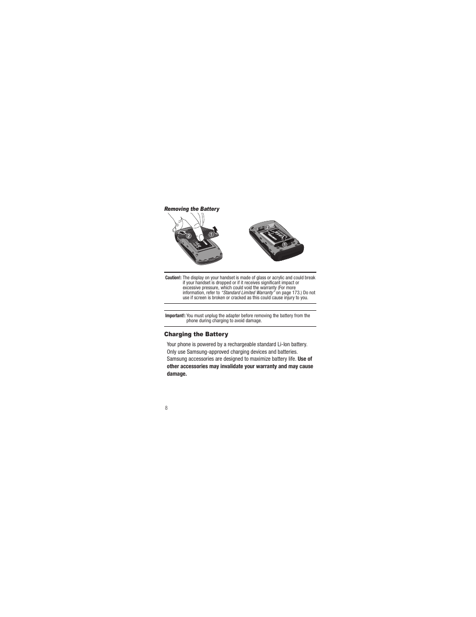 Removing the battery, Charging the battery | Samsung SCH-R250ZRAMTR User Manual | Page 12 / 201