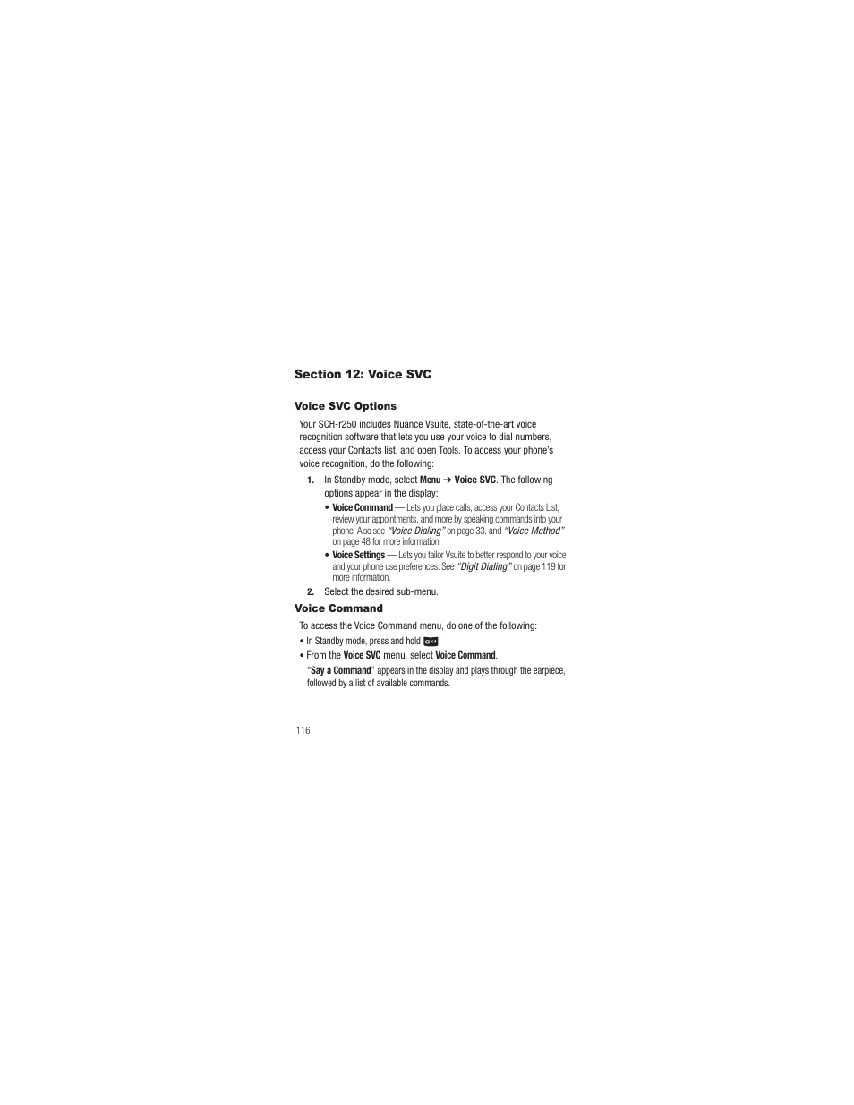 Section 12: voice svc, Voice svc options, Voice command | Voice svc options voice command | Samsung SCH-R250ZRAMTR User Manual | Page 120 / 201