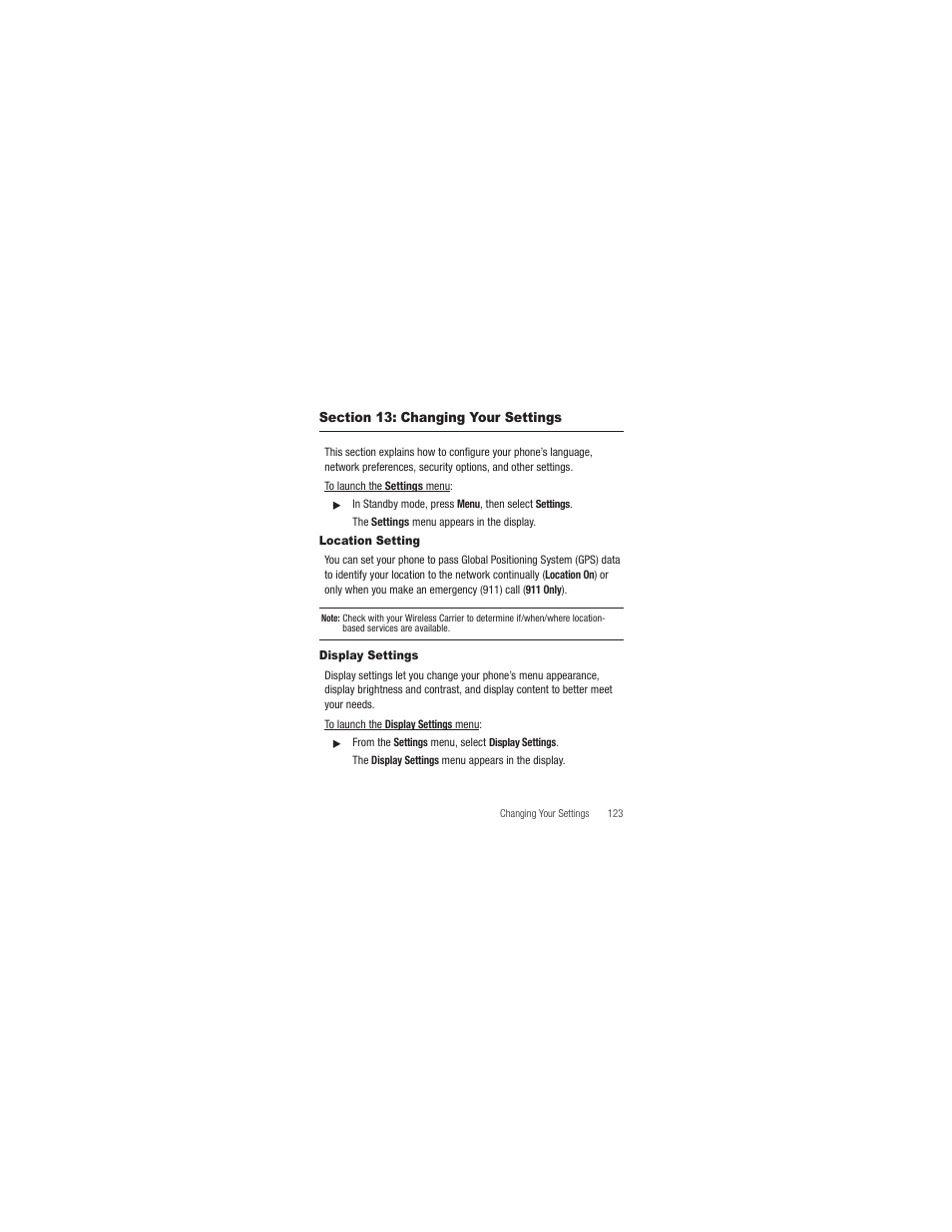 Section 13: changing your settings, Location setting, Display settings | Location setting display settings | Samsung SCH-R250ZRAMTR User Manual | Page 127 / 201