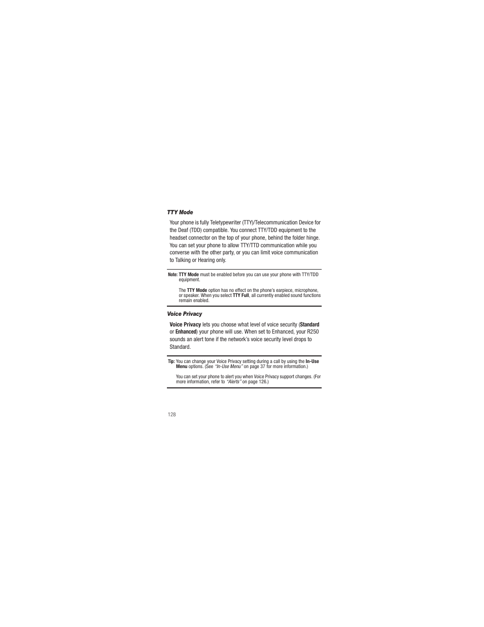Tty mode, Voice privacy | Samsung SCH-R250ZRAMTR User Manual | Page 132 / 201