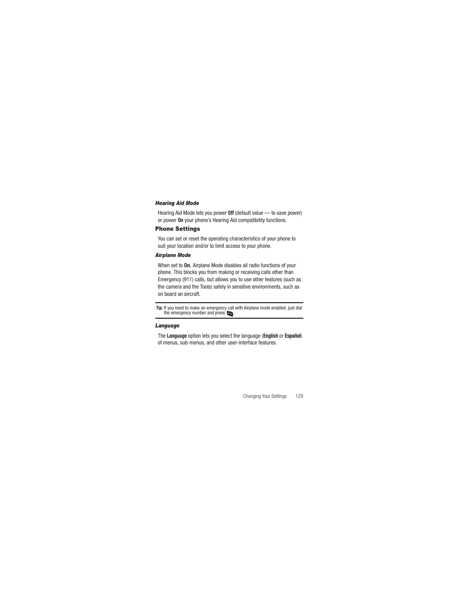 Hearing aid mode, Phone settings, Airplane mode | Language | Samsung SCH-R250ZRAMTR User Manual | Page 133 / 201