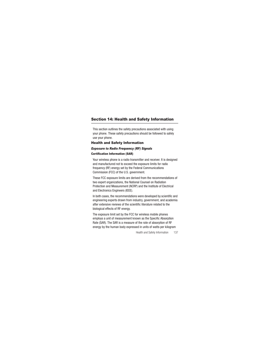 Section 14: health and safety information, Health and safety information, Exposure to radio frequency (rf) signals | Certification information (sar) | Samsung SCH-R250ZRAMTR User Manual | Page 141 / 201