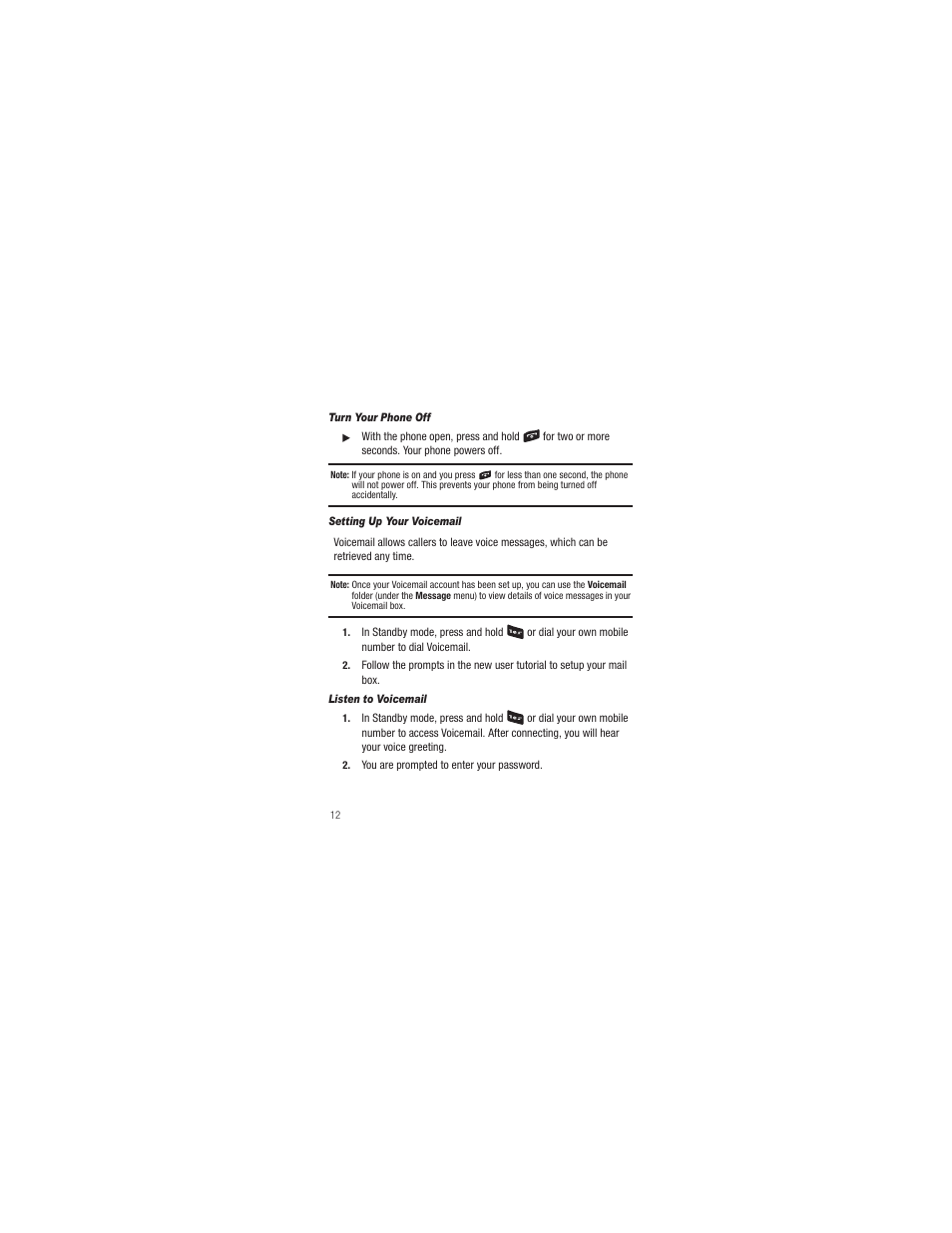 Turn your phone off, Setting up your voicemail, Listen to voicemail | Samsung SCH-R250ZRAMTR User Manual | Page 16 / 201