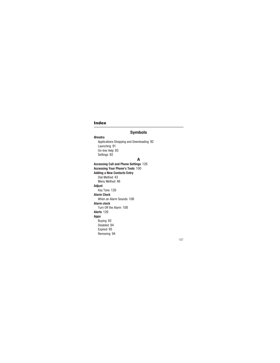 Index, Symbols | Samsung SCH-R250ZRAMTR User Manual | Page 191 / 201