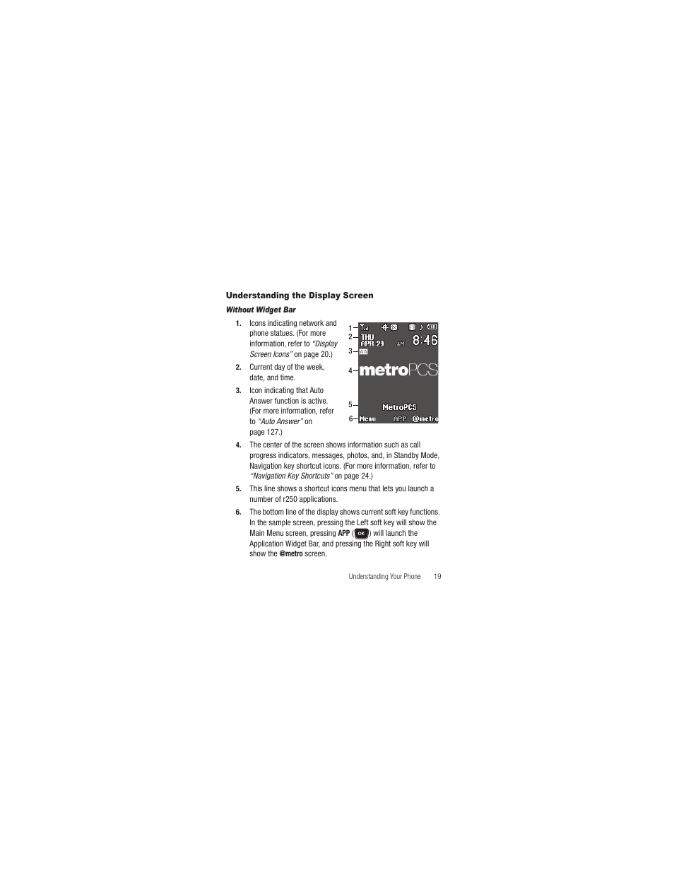 Understanding the display screen, Without widget bar | Samsung SCH-R250ZRAMTR User Manual | Page 23 / 201