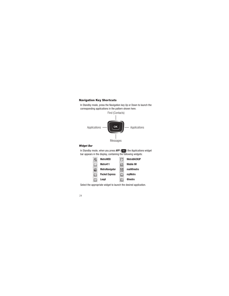 Navigation key shortcuts, Widget bar | Samsung SCH-R250ZRAMTR User Manual | Page 28 / 201