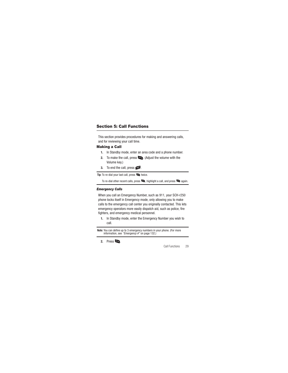 Section 5: call functions, Making a call, Emergency calls | Samsung SCH-R250ZRAMTR User Manual | Page 33 / 201