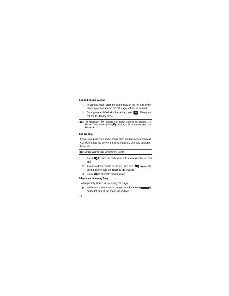 Set call ringer volume, Call waiting, Silence an incoming ring | Samsung SCH-R250ZRAMTR User Manual | Page 40 / 201