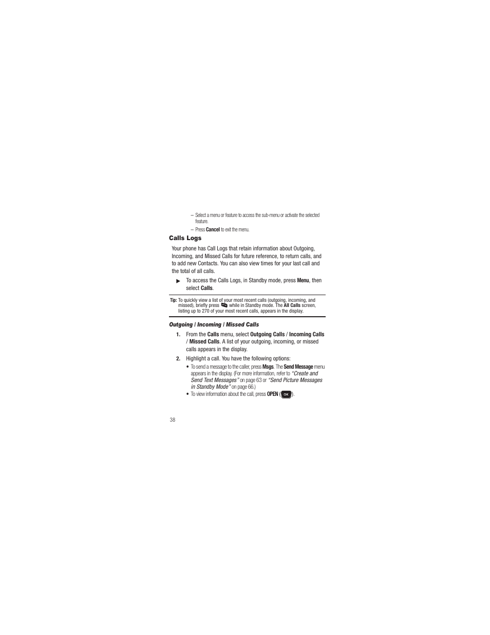 Calls logs, Outgoing / incoming / missed calls | Samsung SCH-R250ZRAMTR User Manual | Page 42 / 201