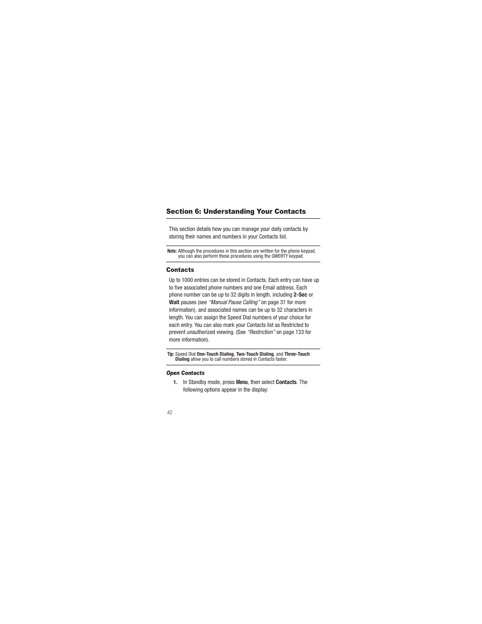 Section 6: understanding your contacts, Contacts, Open contacts | Samsung SCH-R250ZRAMTR User Manual | Page 46 / 201