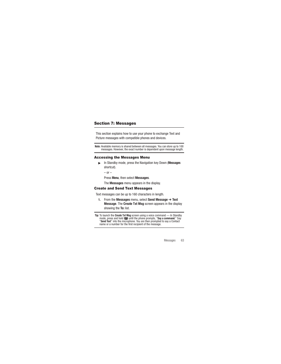 Section 7: messages, Accessing the messages menu, Create and send text messages | Samsung SCH-R250ZRAMTR User Manual | Page 67 / 201