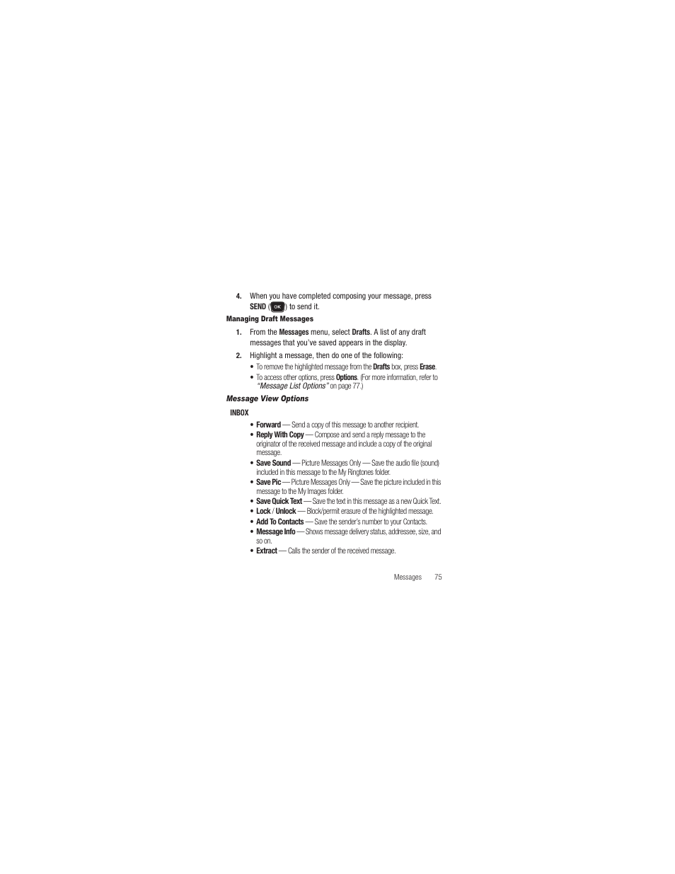 Managing draft messages, Message view options | Samsung SCH-R250ZRAMTR User Manual | Page 79 / 201