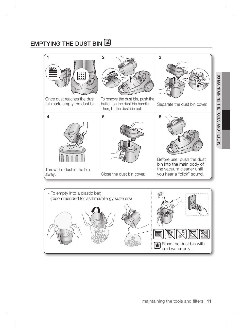 Emptying the dust bin | Samsung VCC88P0H1B-XAA User Manual | Page 11 / 48