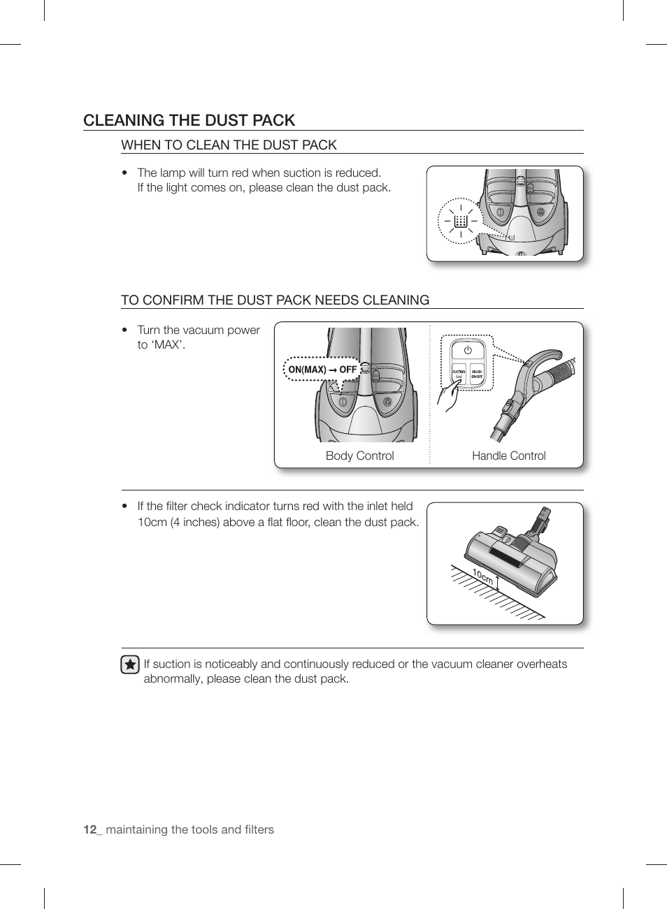 Cleaning the dust pack | Samsung VCC88P0H1B-XAA User Manual | Page 12 / 48