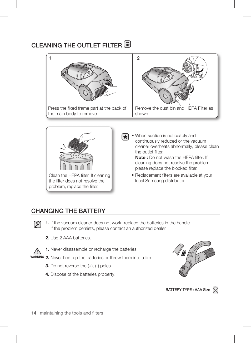 Changing the battery, Cleaning the outlet filter | Samsung VCC88P0H1B-XAA User Manual | Page 14 / 48