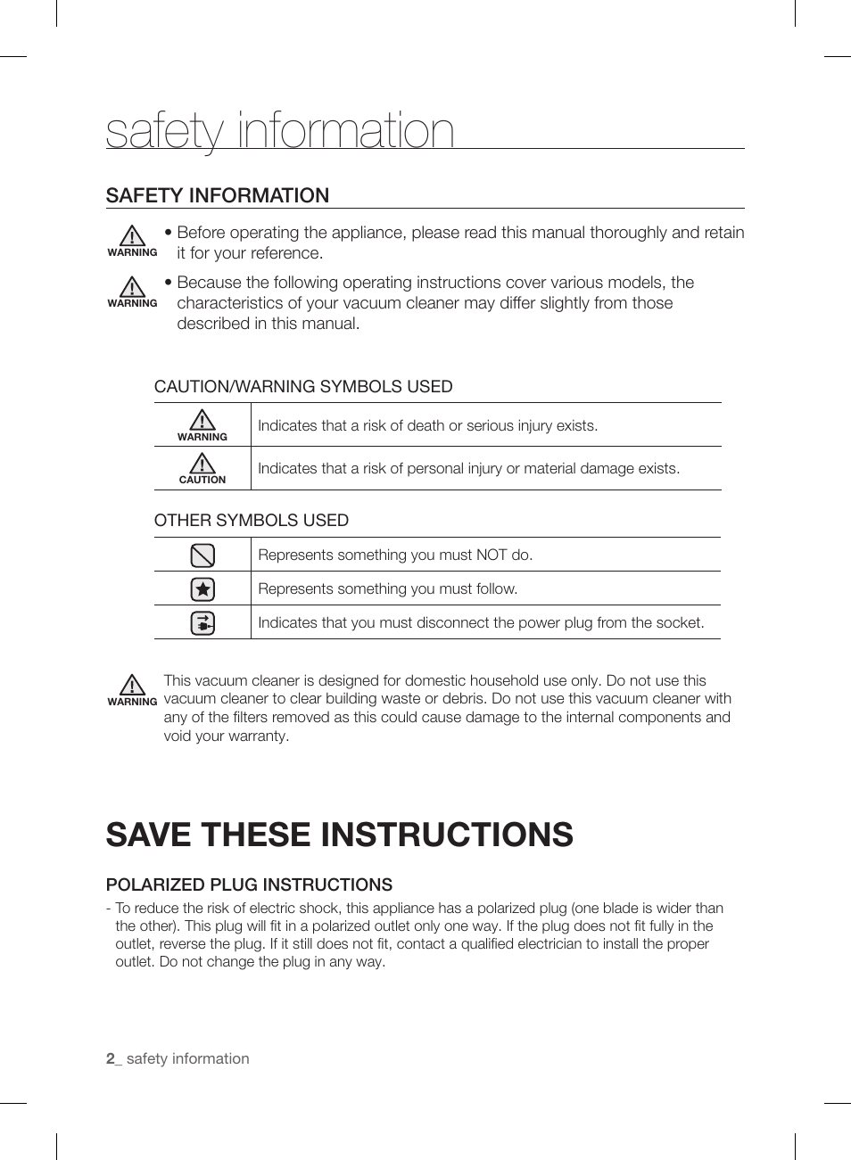 Safety information, Save these instructions | Samsung VCC88P0H1B-XAA User Manual | Page 2 / 48