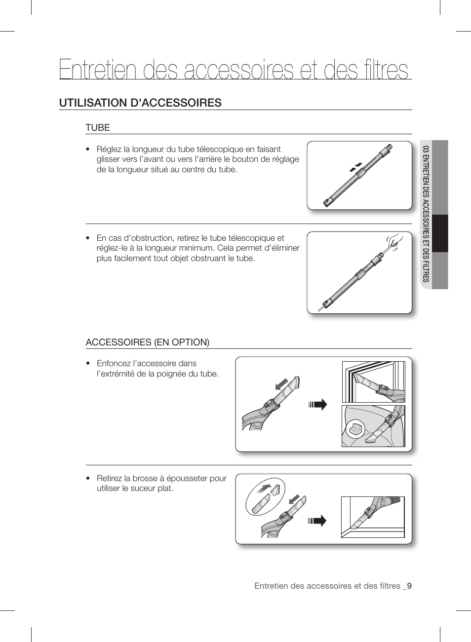 Entretien des accessoires et des ﬁ ltres, Utilisation d'accessoires | Samsung VCC88P0H1B-XAA User Manual | Page 25 / 48
