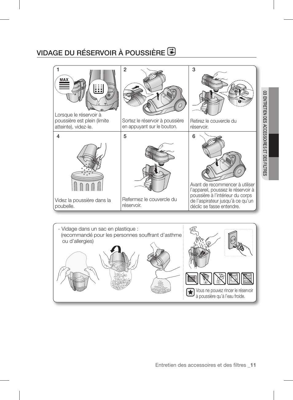 Vidage du réservoir à poussière | Samsung VCC88P0H1B-XAA User Manual | Page 27 / 48