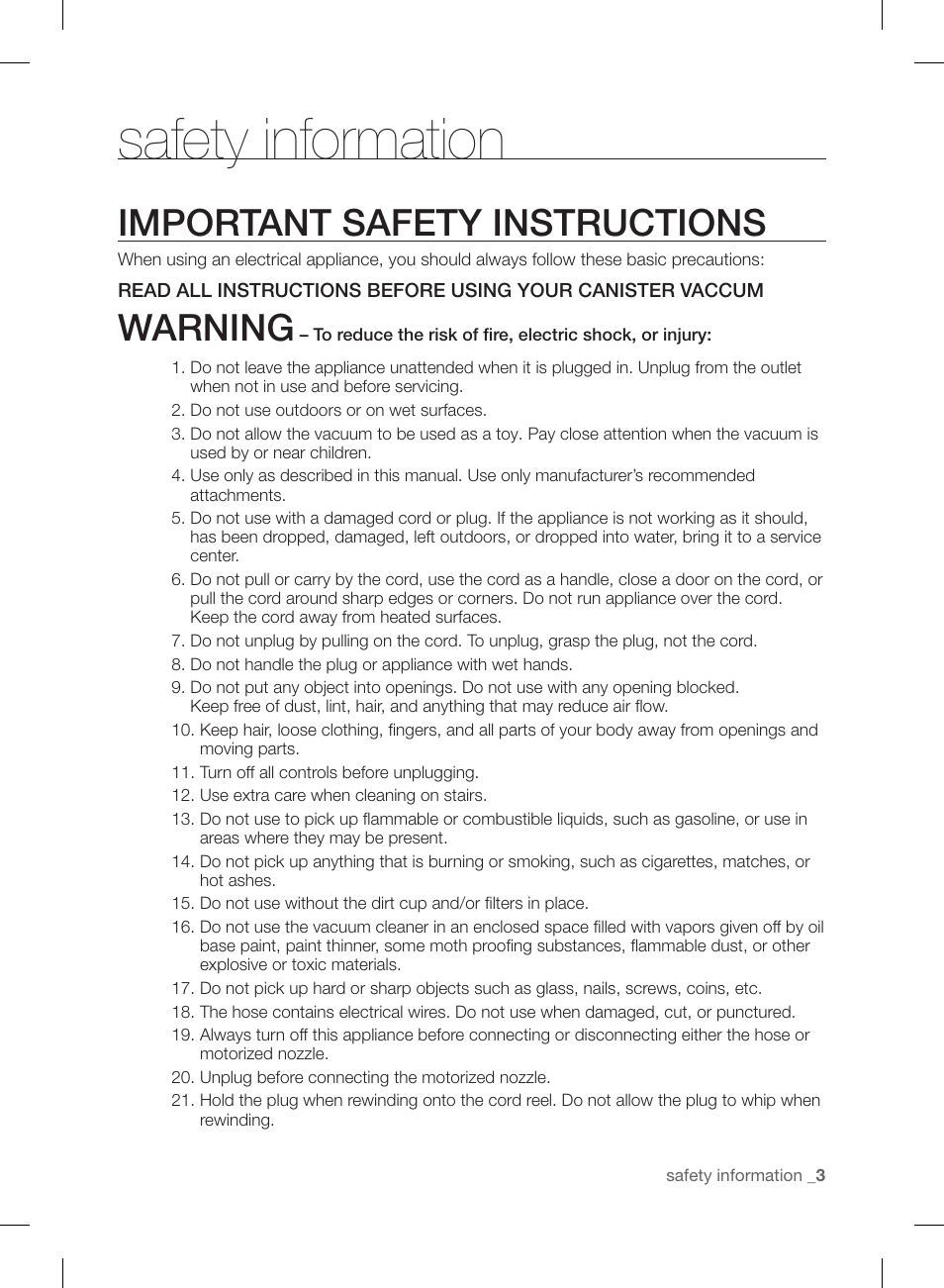 Safety information, Important safety instructions, Warning | Samsung VCC88P0H1B-XAA User Manual | Page 3 / 48