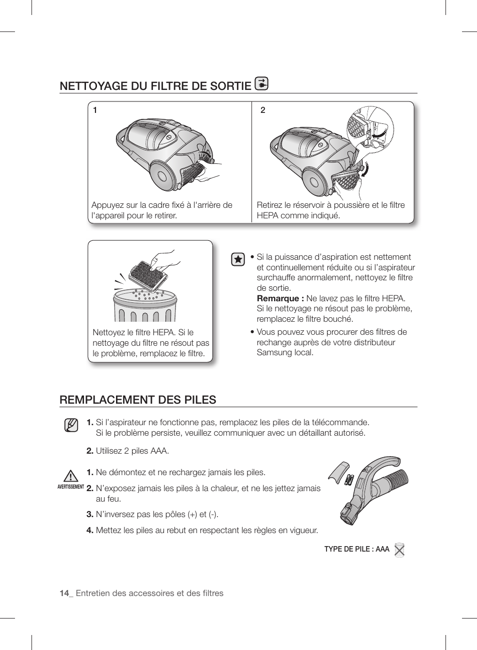 Remplacement des piles, Nettoyage du filtre de sortie | Samsung VCC88P0H1B-XAA User Manual | Page 30 / 48