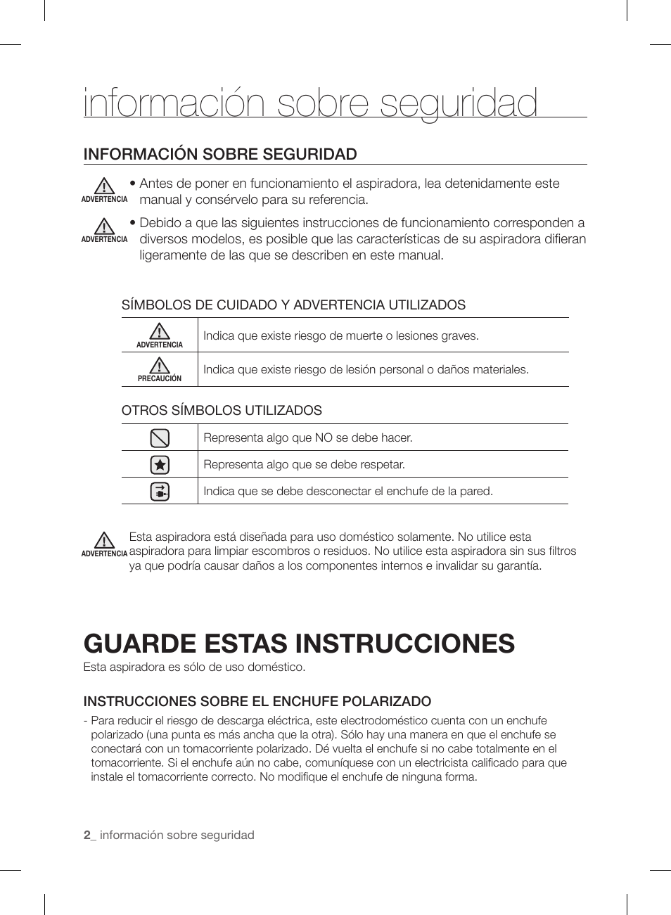 Información sobre seguridad, Guarde estas instrucciones | Samsung VCC88P0H1B-XAA User Manual | Page 34 / 48