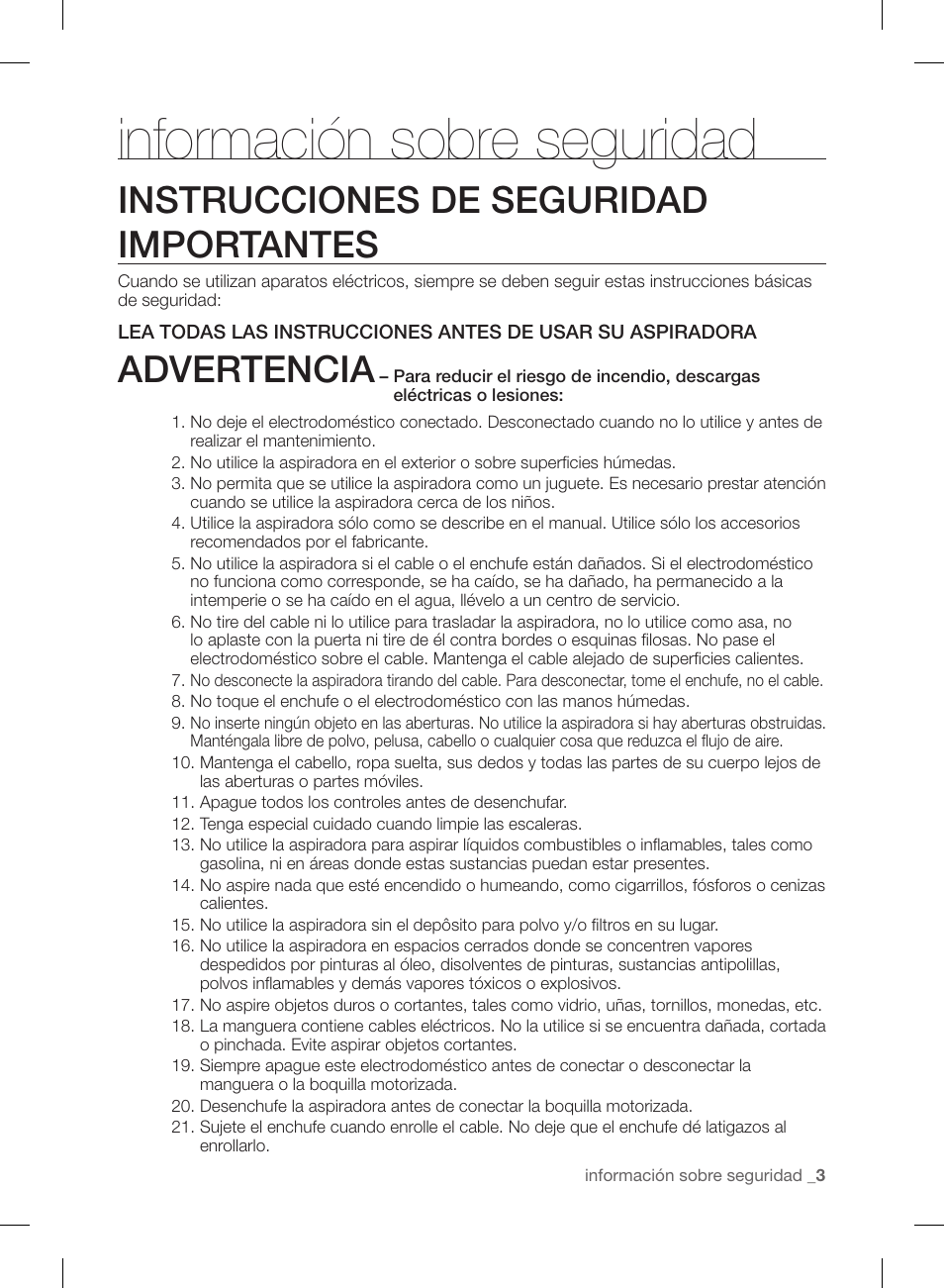 Información sobre seguridad, Instrucciones de seguridad importantes, Advertencia | Samsung VCC88P0H1B-XAA User Manual | Page 35 / 48