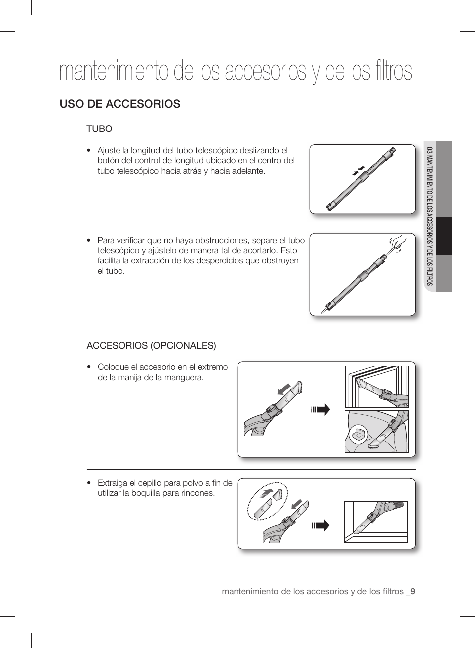 Mantenimiento de los accesorios y de los ﬁ ltros, Uso de accesorios | Samsung VCC88P0H1B-XAA User Manual | Page 41 / 48