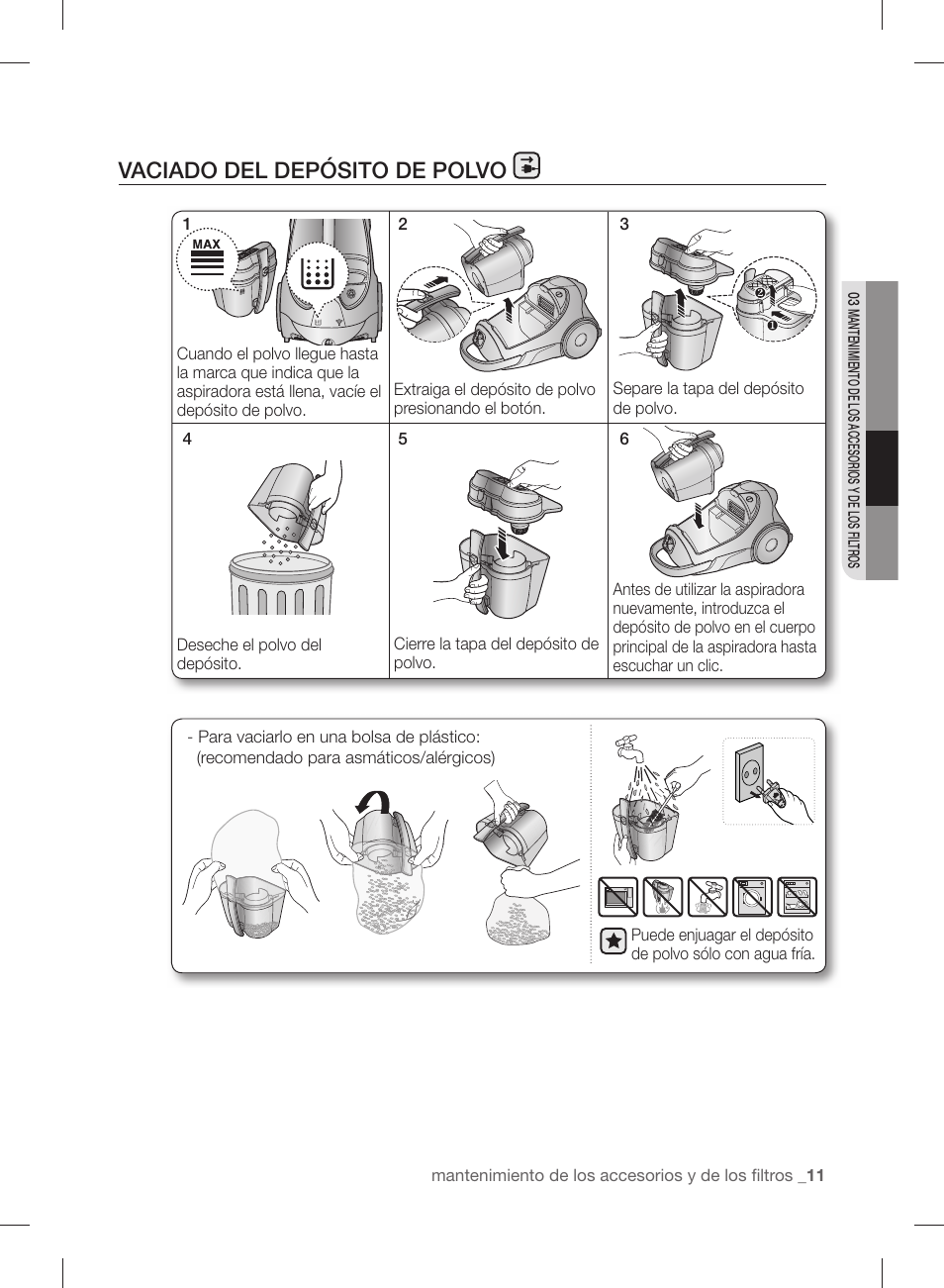 Vaciado del depósito de polvo | Samsung VCC88P0H1B-XAA User Manual | Page 43 / 48