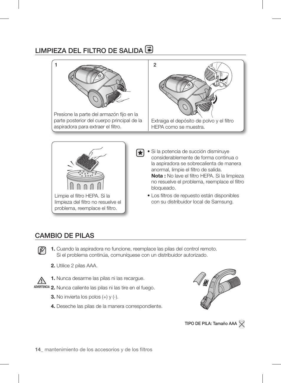 Cambio de pilas, Limpieza del filtro de salida | Samsung VCC88P0H1B-XAA User Manual | Page 46 / 48