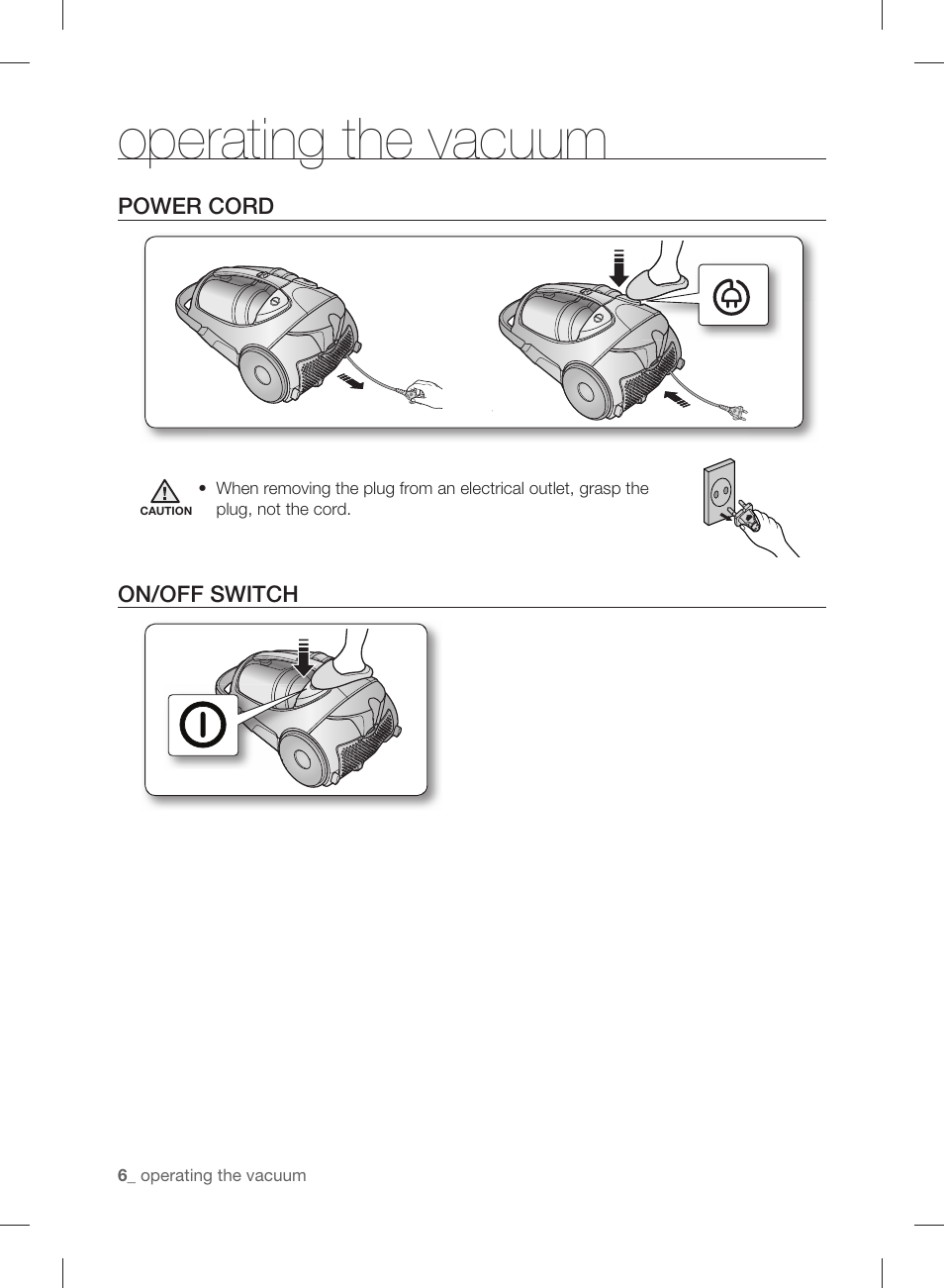 Operating the vacuum, Power cord on/off switch | Samsung VCC88P0H1B-XAA User Manual | Page 6 / 48