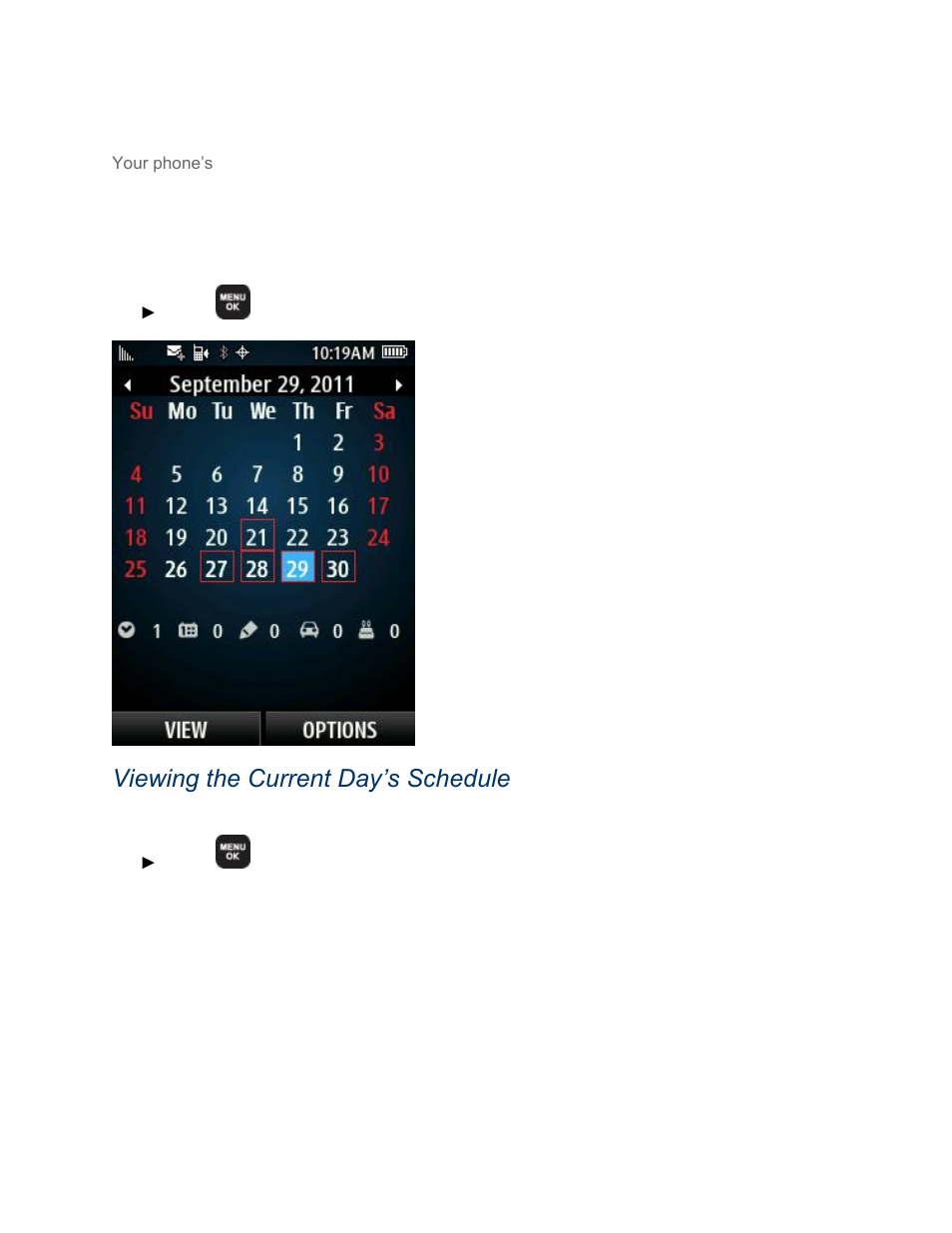 Calendar, Viewing the calendar, Viewing the current day’s schedule | Samsung SPH-M370BAASPR User Manual | Page 100 / 121