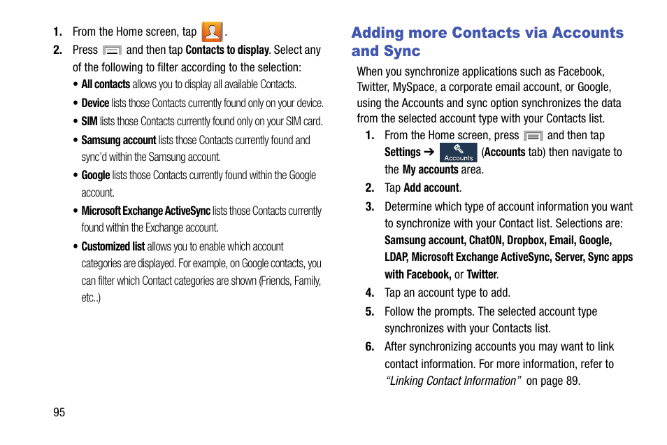 Adding more contacts via accounts and sync, Adding more contacts via accounts and sync 95 | Samsung SGH-T999ZAATMB User Manual | Page 102 / 351