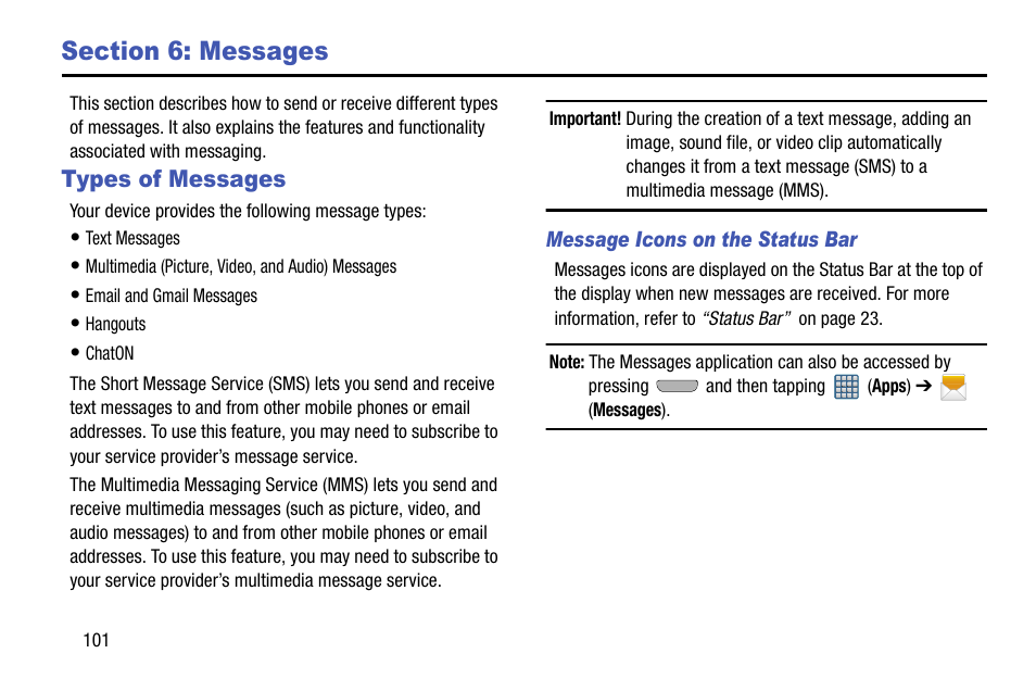 Section 6: messages, Types of messages | Samsung SGH-T999ZAATMB User Manual | Page 108 / 351