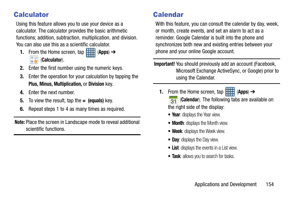 Calculator, Calendar, Calculator calendar | Samsung SGH-T999ZAATMB User Manual | Page 161 / 351