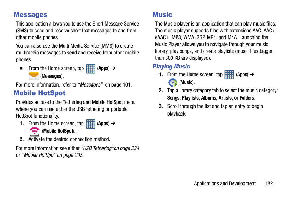 Messages, Mobile hotspot, Music | Messages mobile hotspot music | Samsung SGH-T999ZAATMB User Manual | Page 189 / 351