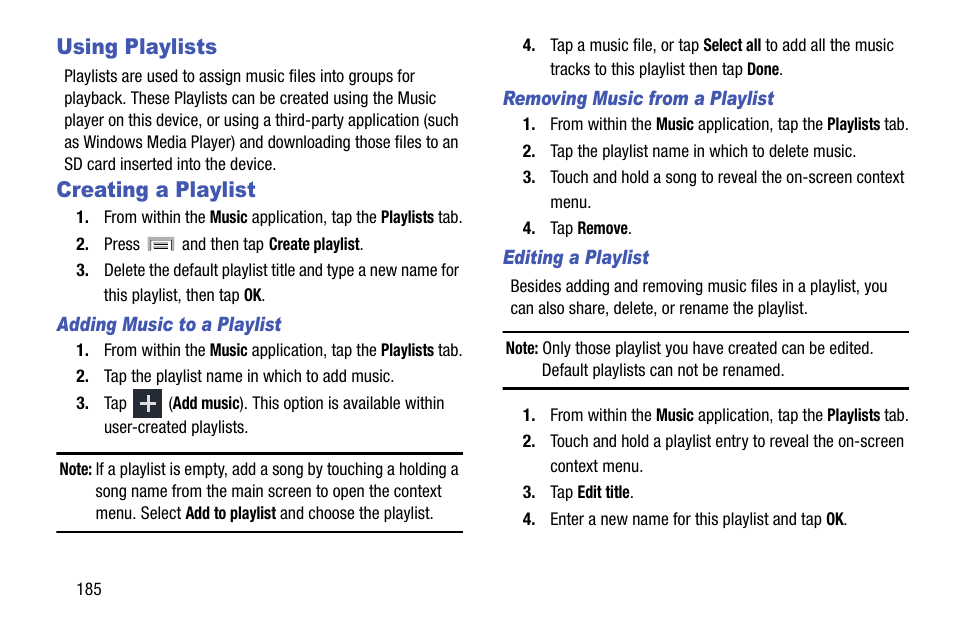 Using playlists, Creating a playlist, Using playlists creating a playlist | Samsung SGH-T999ZAATMB User Manual | Page 192 / 351