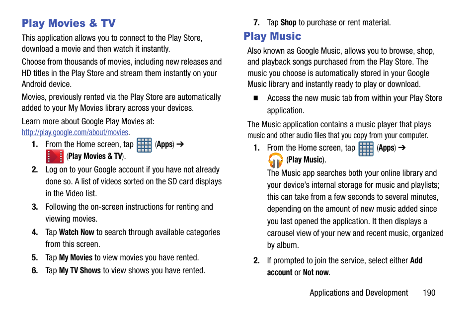 Play movies & tv, Play music, Play movies & tv play music | Samsung SGH-T999ZAATMB User Manual | Page 197 / 351