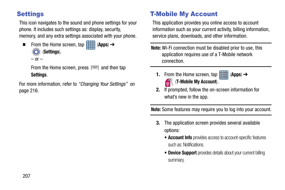 Settings, T-mobile my account, Settings t-mobile my account | Samsung SGH-T999ZAATMB User Manual | Page 214 / 351