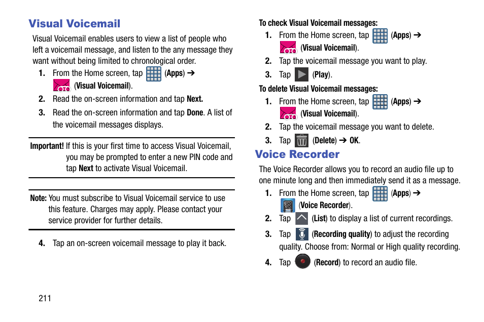 Visual voicemail, Voice recorder, Visual voicemail voice recorder | Samsung SGH-T999ZAATMB User Manual | Page 218 / 351